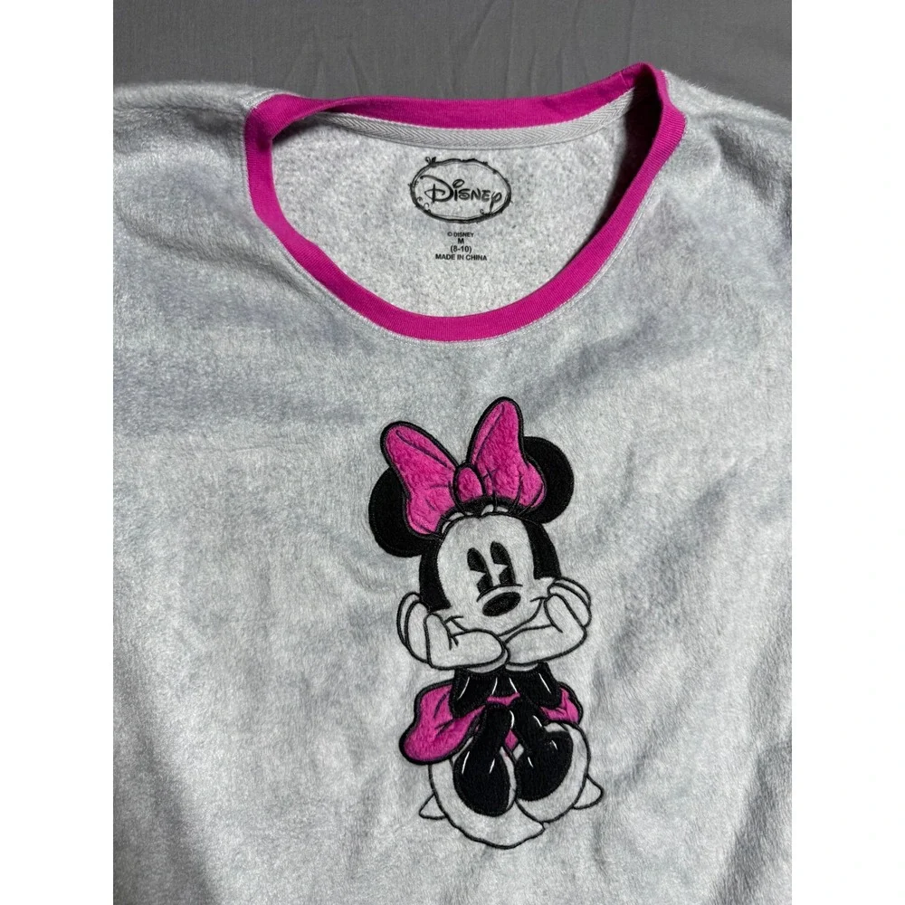 Disney Pajama Top Girls Size M 8-10 Gray Good Minnie Mouse Fleece Long Sleeve